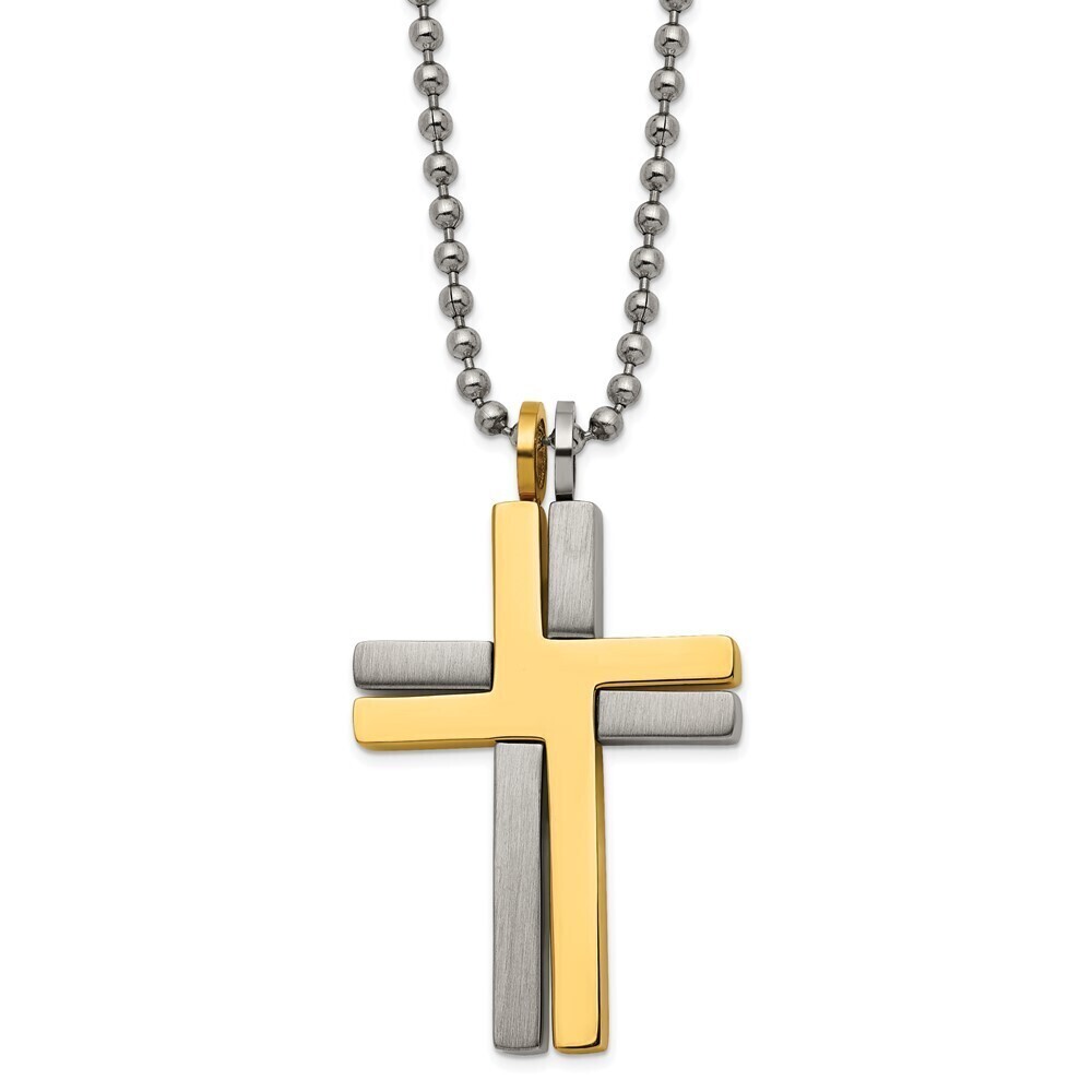 Kazi Luxury Titanium Brushed & Polished Yellow IP 22in Cross Necklace